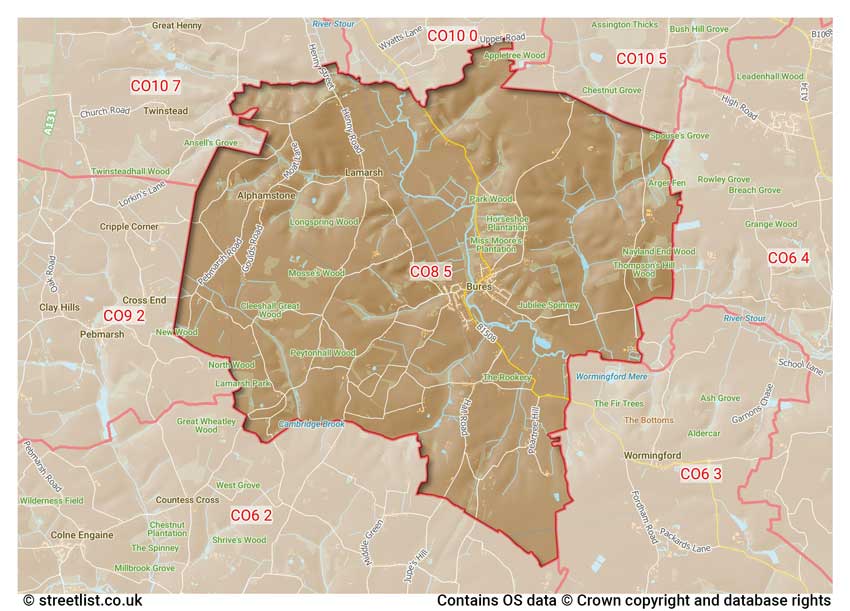 map showing postcode sectors within the CO8 district