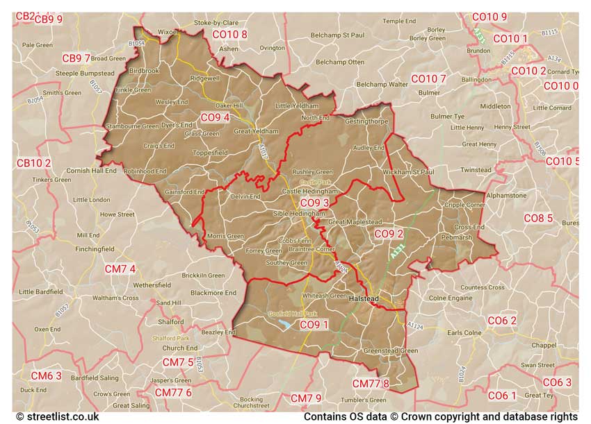 map showing postcode sectors within the CO9 district