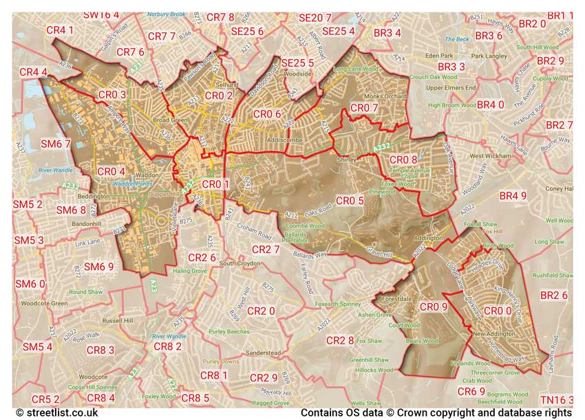 map showing postcode sectors within the CR0 district