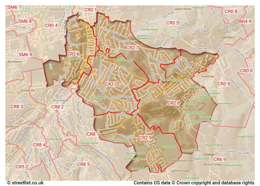 map showing postcode sectors within the CR2 district