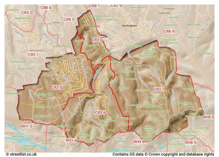 map showing postcode sectors within the CR3 district