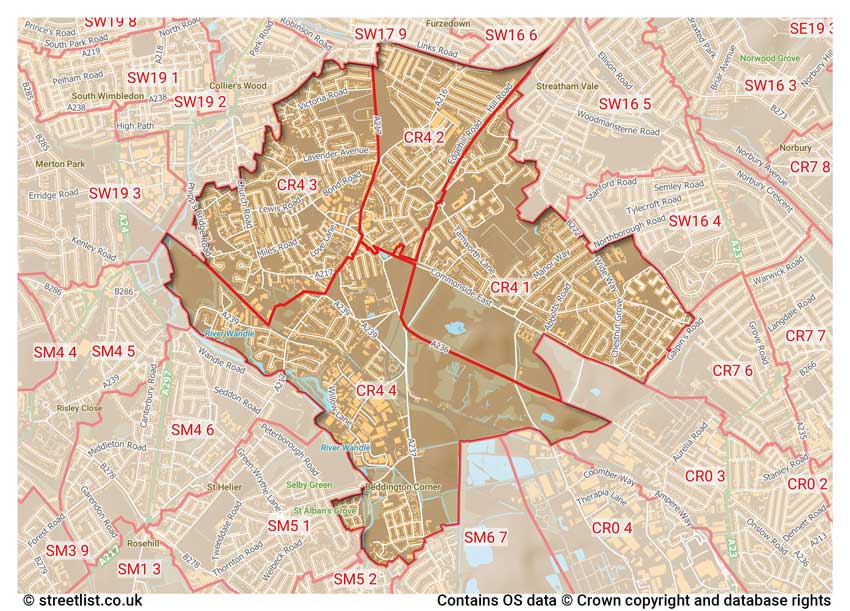 map showing postcode sectors within the CR4 district