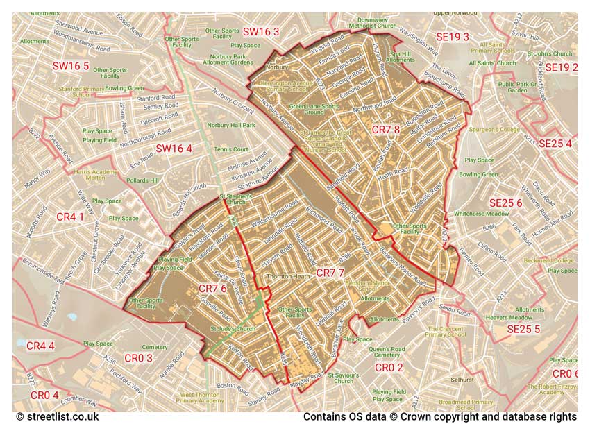 map showing postcode sectors within the CR7 district