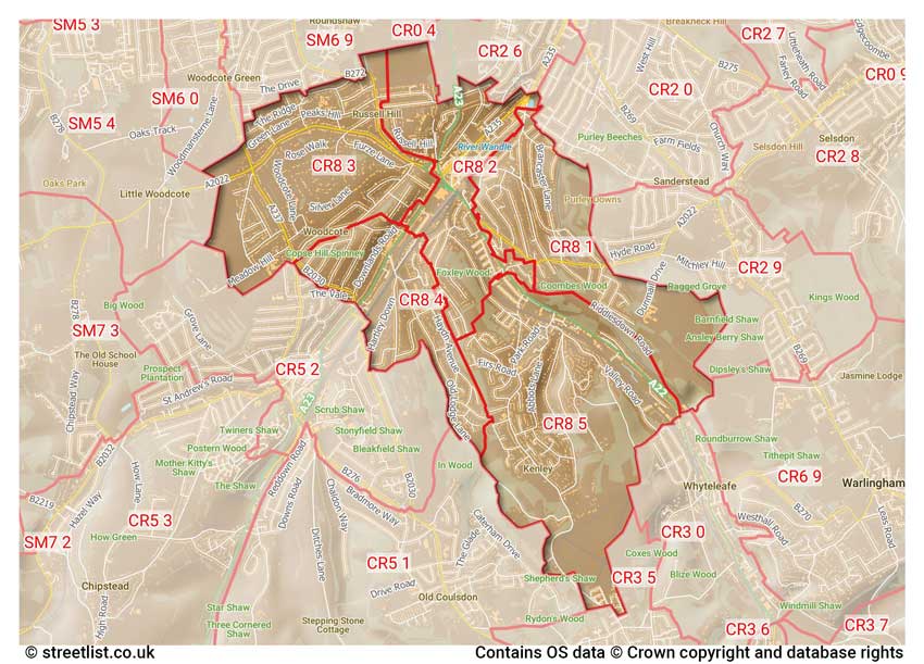 map showing postcode sectors within the CR8 district