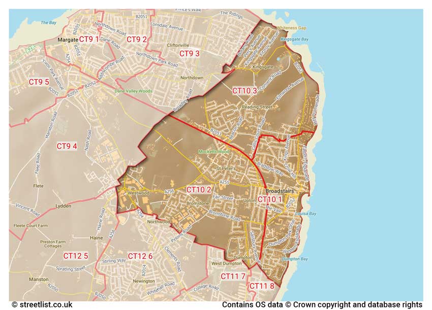 map showing postcode sectors within the CT10 district