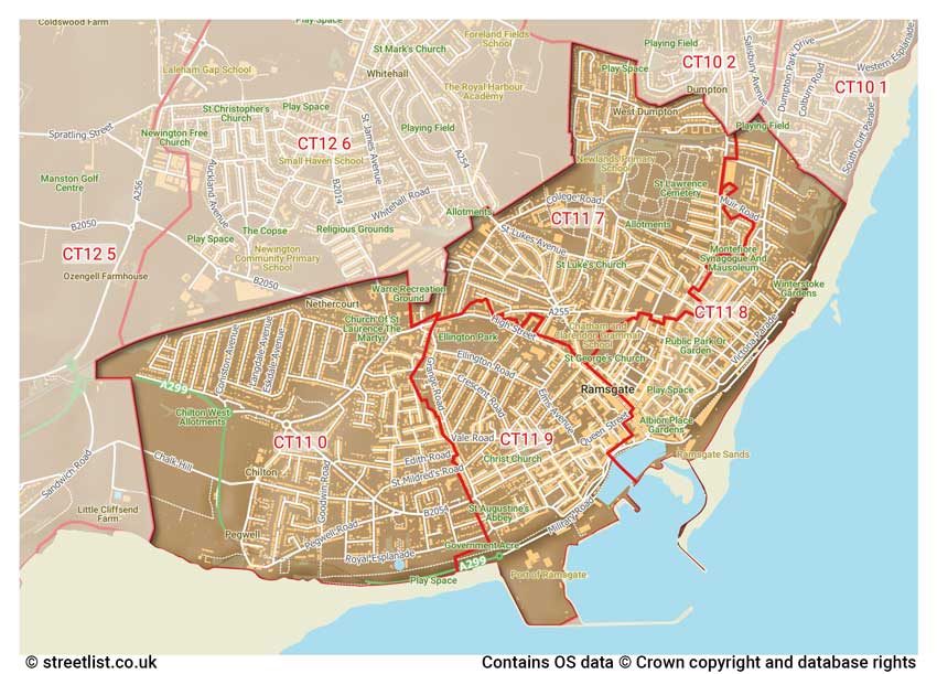 map showing postcode sectors within the CT11 district