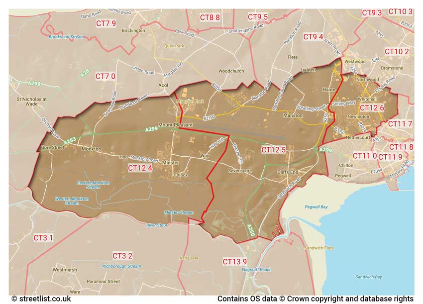 map showing postcode sectors within the CT12 district