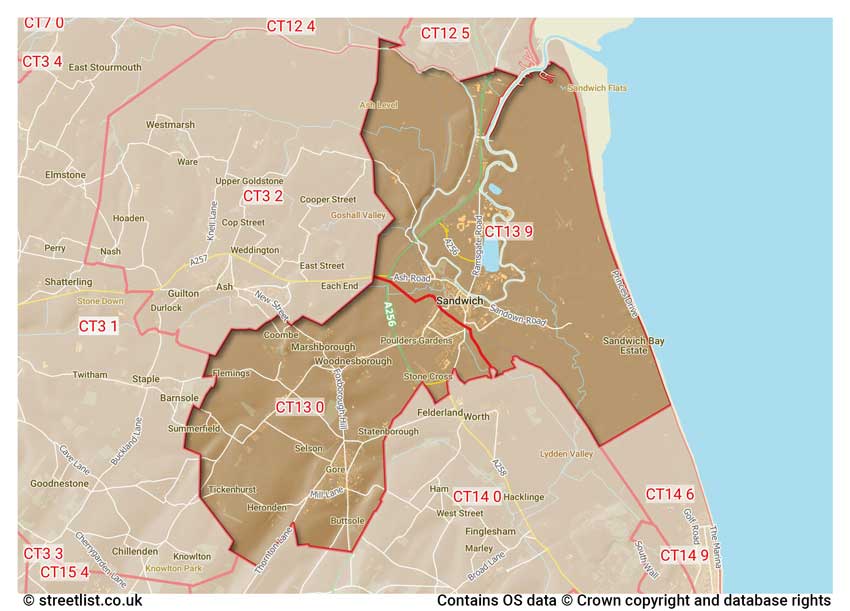 map showing postcode sectors within the CT13 district