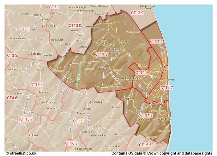 map showing postcode sectors within the CT14 district