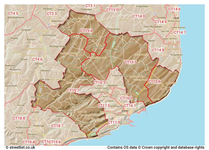 map showing postcode sectors within the CT15 district