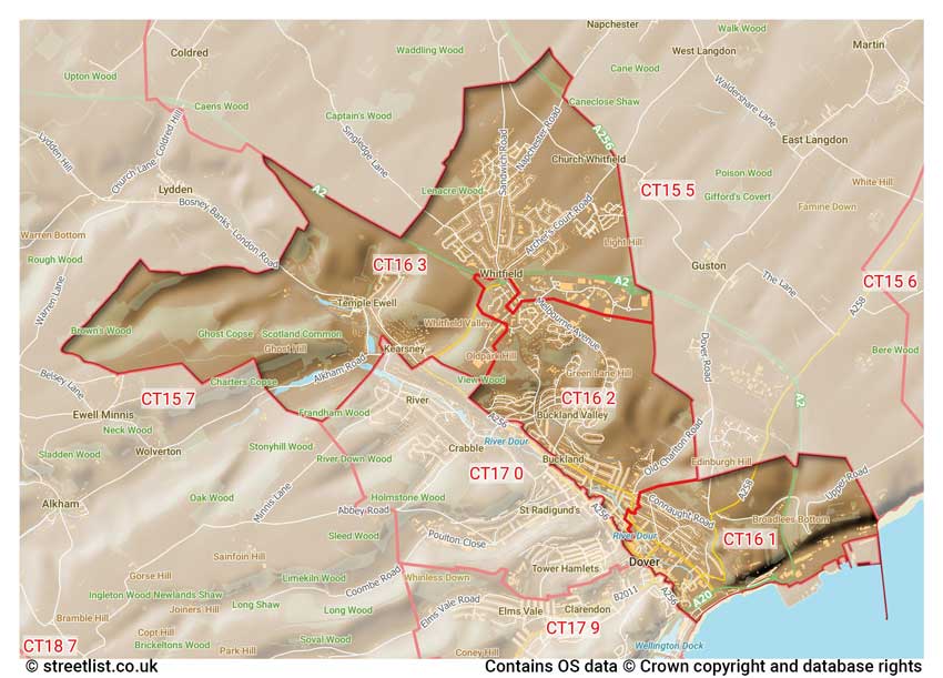 map showing postcode sectors within the CT16 district