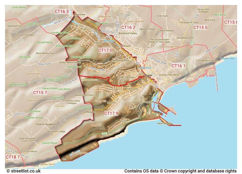 map showing postcode sectors within the CT17 district