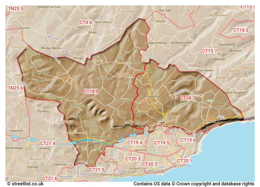 map showing postcode sectors within the CT18 district