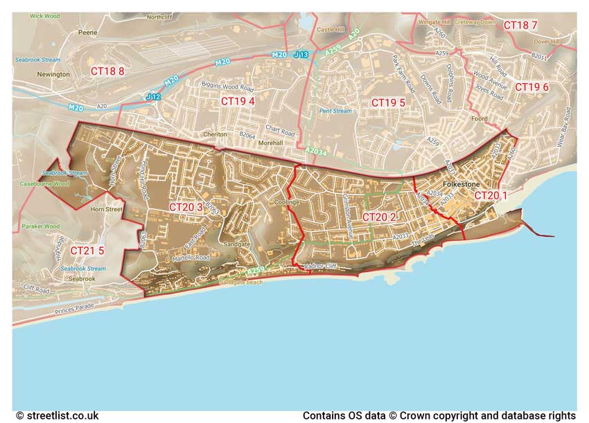 map showing postcode sectors within the CT20 district