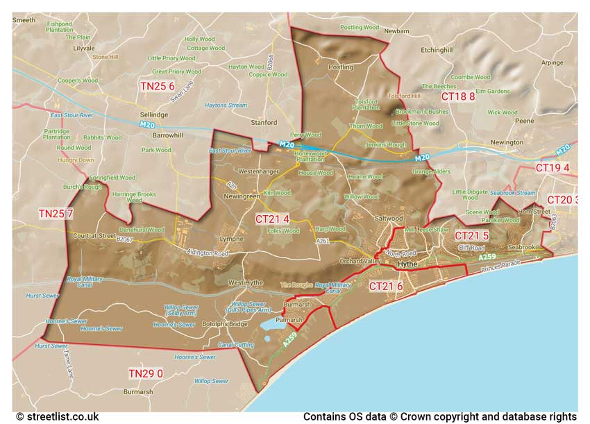 map showing postcode sectors within the CT21 district