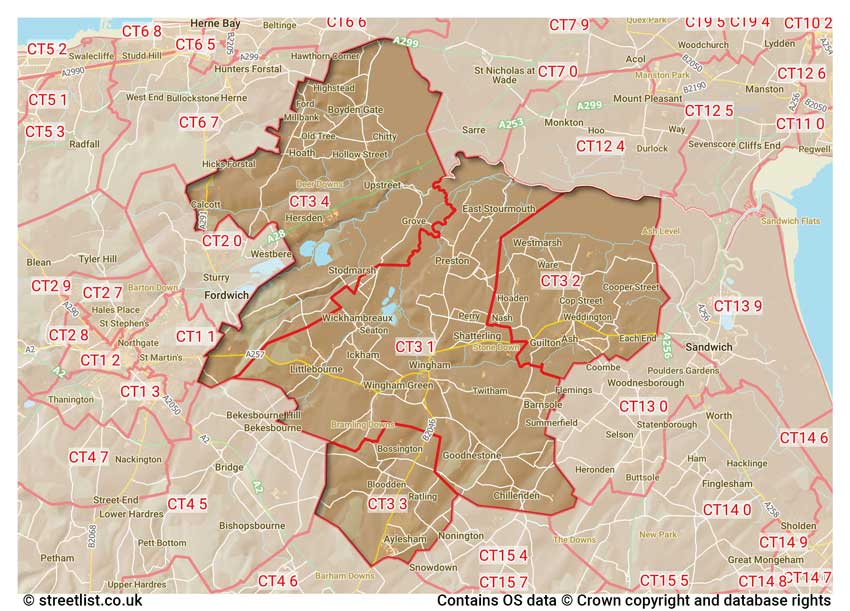 map showing postcode sectors within the CT3 district