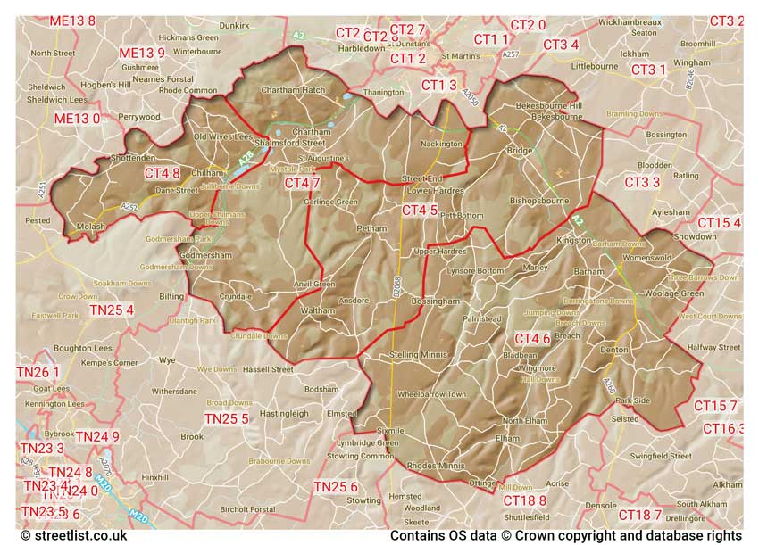 map showing postcode sectors within the CT4 district