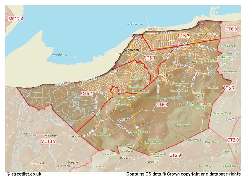 map showing postcode sectors within the CT5 district