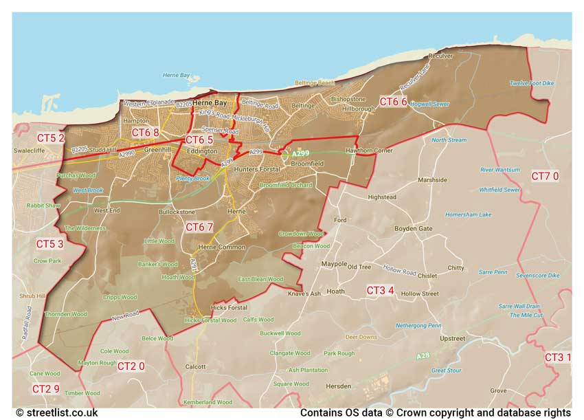 map showing postcode sectors within the CT6 district