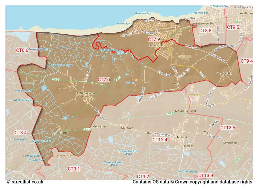 map showing postcode sectors within the CT7 district