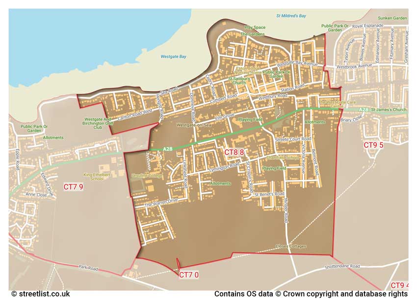 map showing postcode sectors within the CT8 district