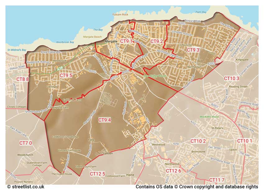 map showing postcode sectors within the CT9 district