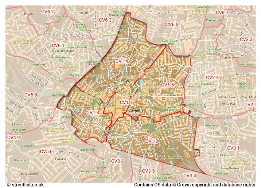 map showing postcode sectors within the CV1 district