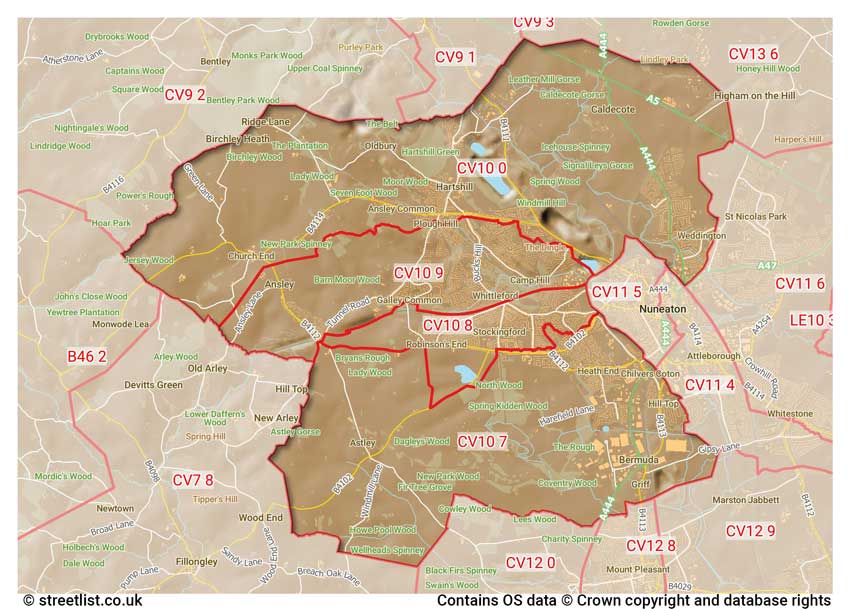 map showing postcode sectors within the CV10 district