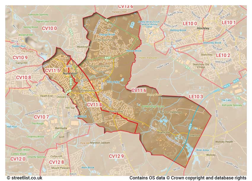 map showing postcode sectors within the CV11 district