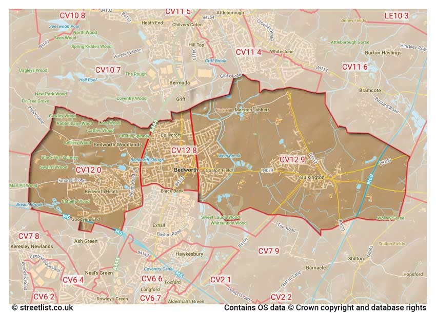 map showing postcode sectors within the CV12 district