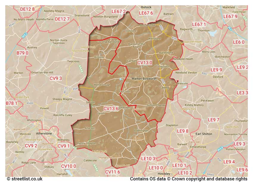 map showing postcode sectors within the CV13 district