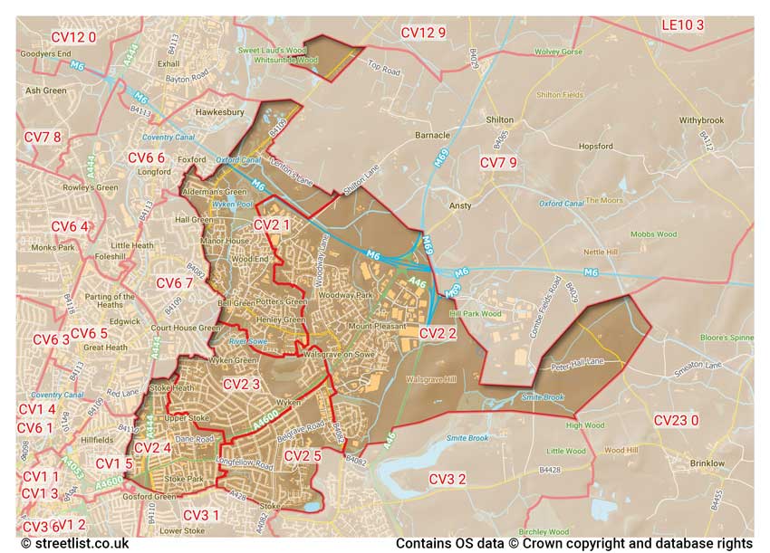 map showing postcode sectors within the CV2 district