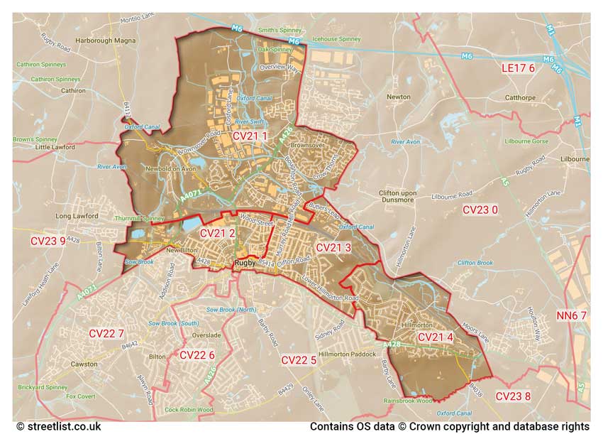 map showing postcode sectors within the CV21 district