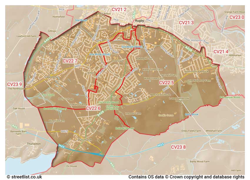 map showing postcode sectors within the CV22 district