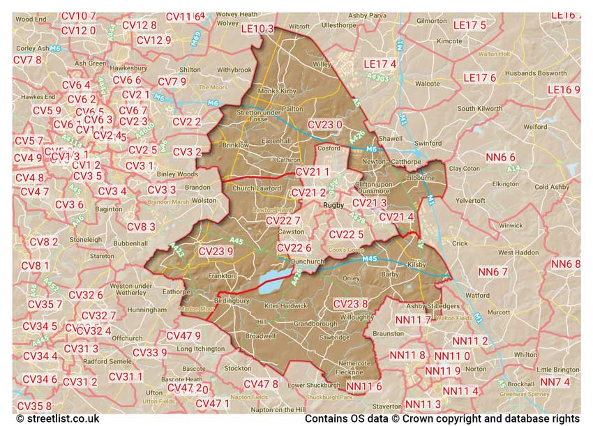 map showing postcode sectors within the CV23 district