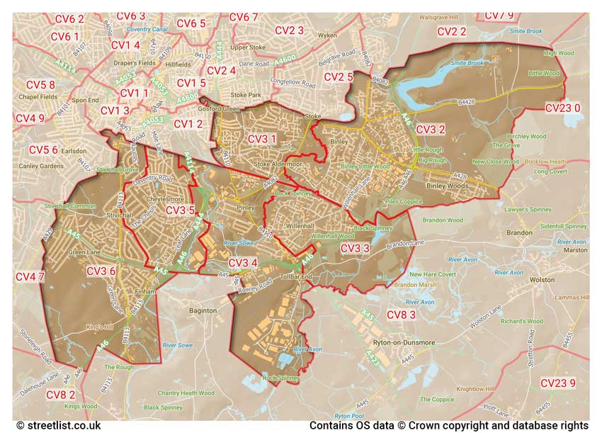 map showing postcode sectors within the CV3 district