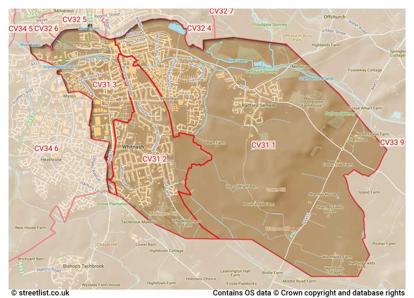 map showing postcode sectors within the CV31 district