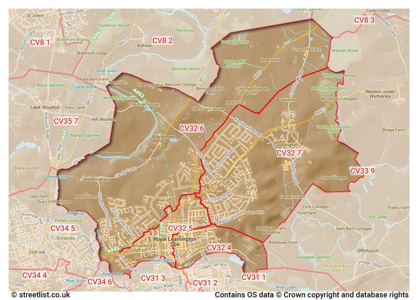 map showing postcode sectors within the CV32 district