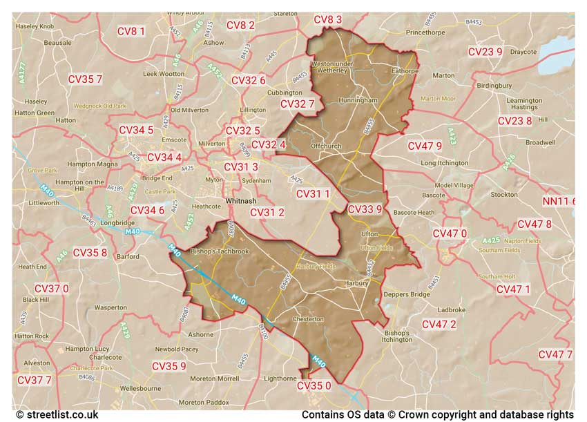 map showing postcode sectors within the CV33 district