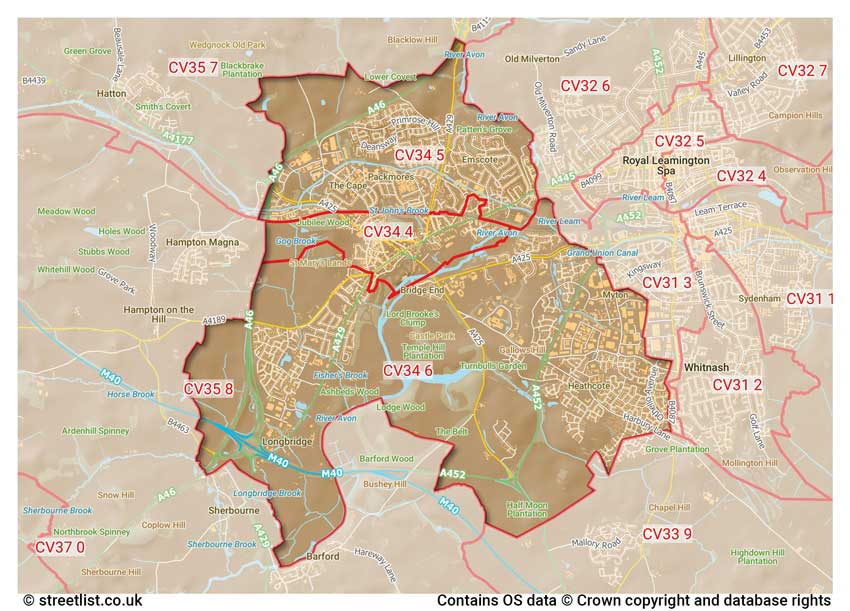 map showing postcode sectors within the CV34 district