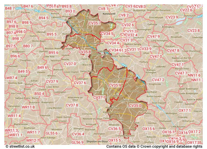 map showing postcode sectors within the CV35 district