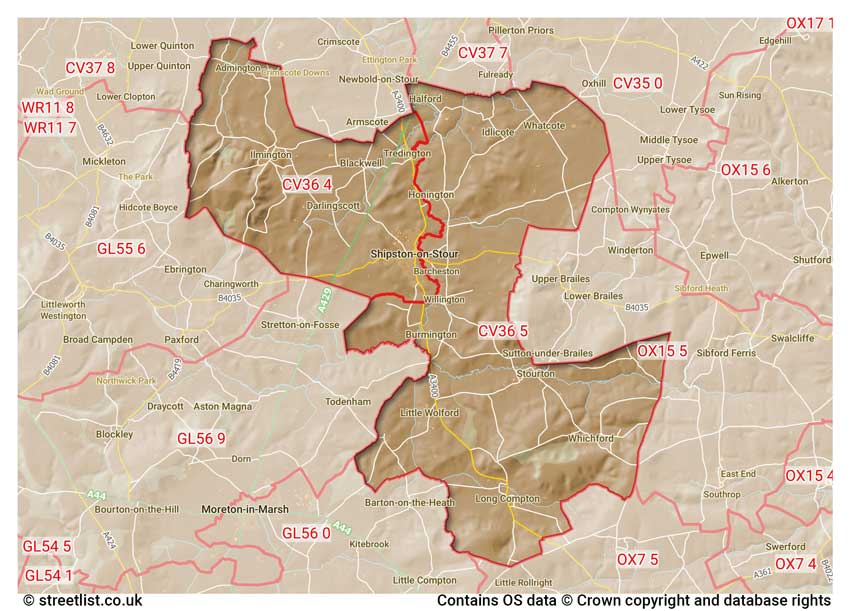 map showing postcode sectors within the CV36 district