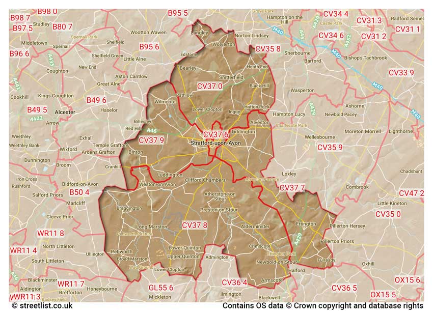 map showing postcode sectors within the CV37 district