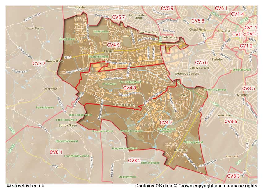 map showing postcode sectors within the CV4 district