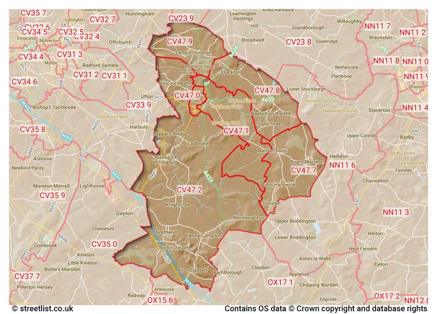 map showing postcode sectors within the CV47 district