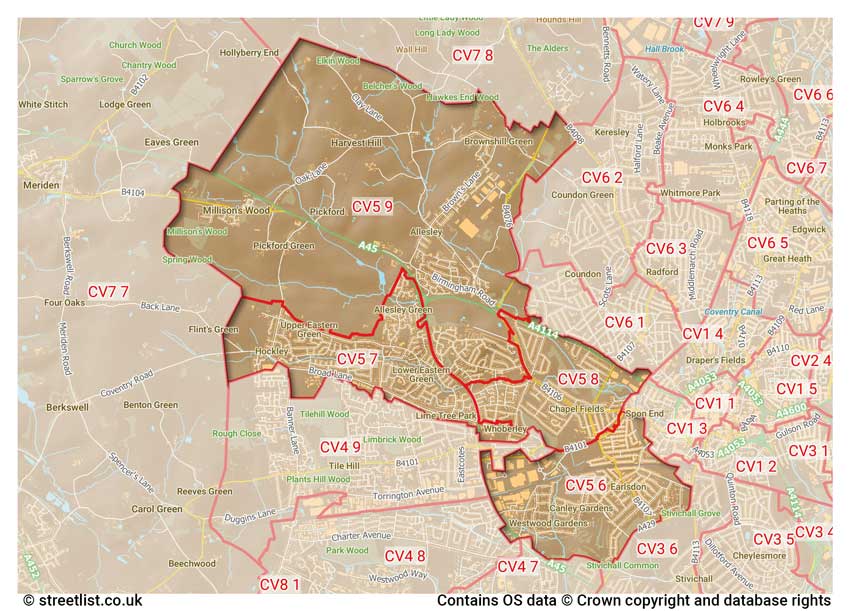 map showing postcode sectors within the CV5 district