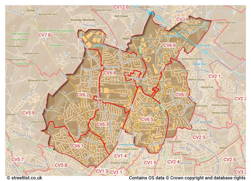 map showing postcode sectors within the CV6 district