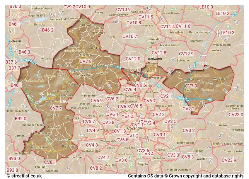 map showing postcode sectors within the CV7 district