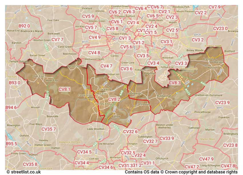 map showing postcode sectors within the CV8 district