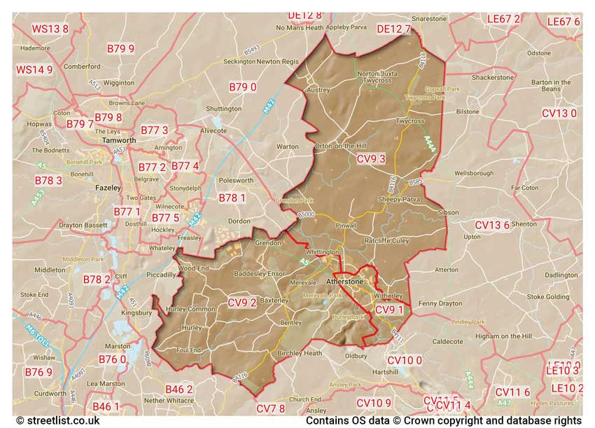 map showing postcode sectors within the CV9 district